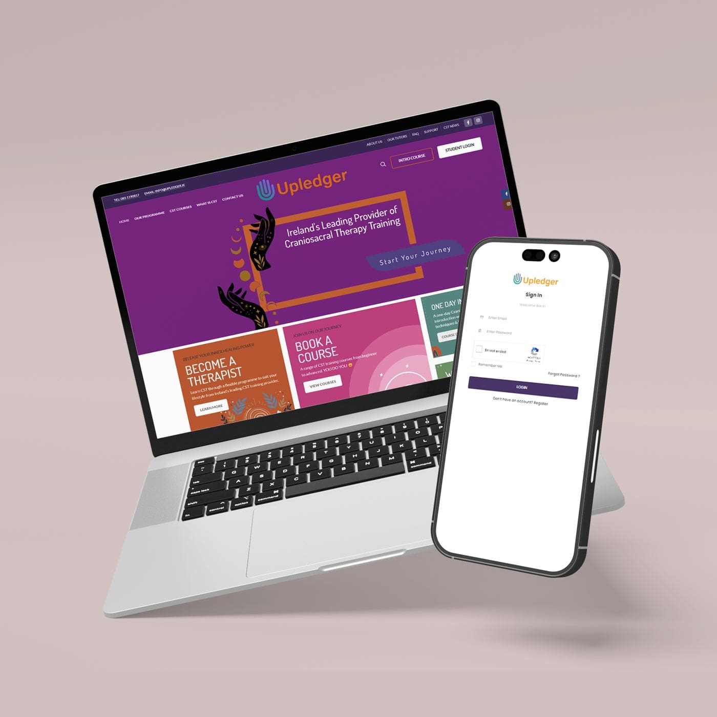 A laptop and smartphone displaying a vibrant website interface, showcasing features related to digital services and user engagement. This image illustrates the modern digital experience offered by the platform.